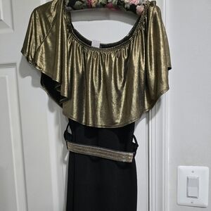 Off shoulder Gold Black Metallic Ruffle Cape Mini dress One-Piece Evening M